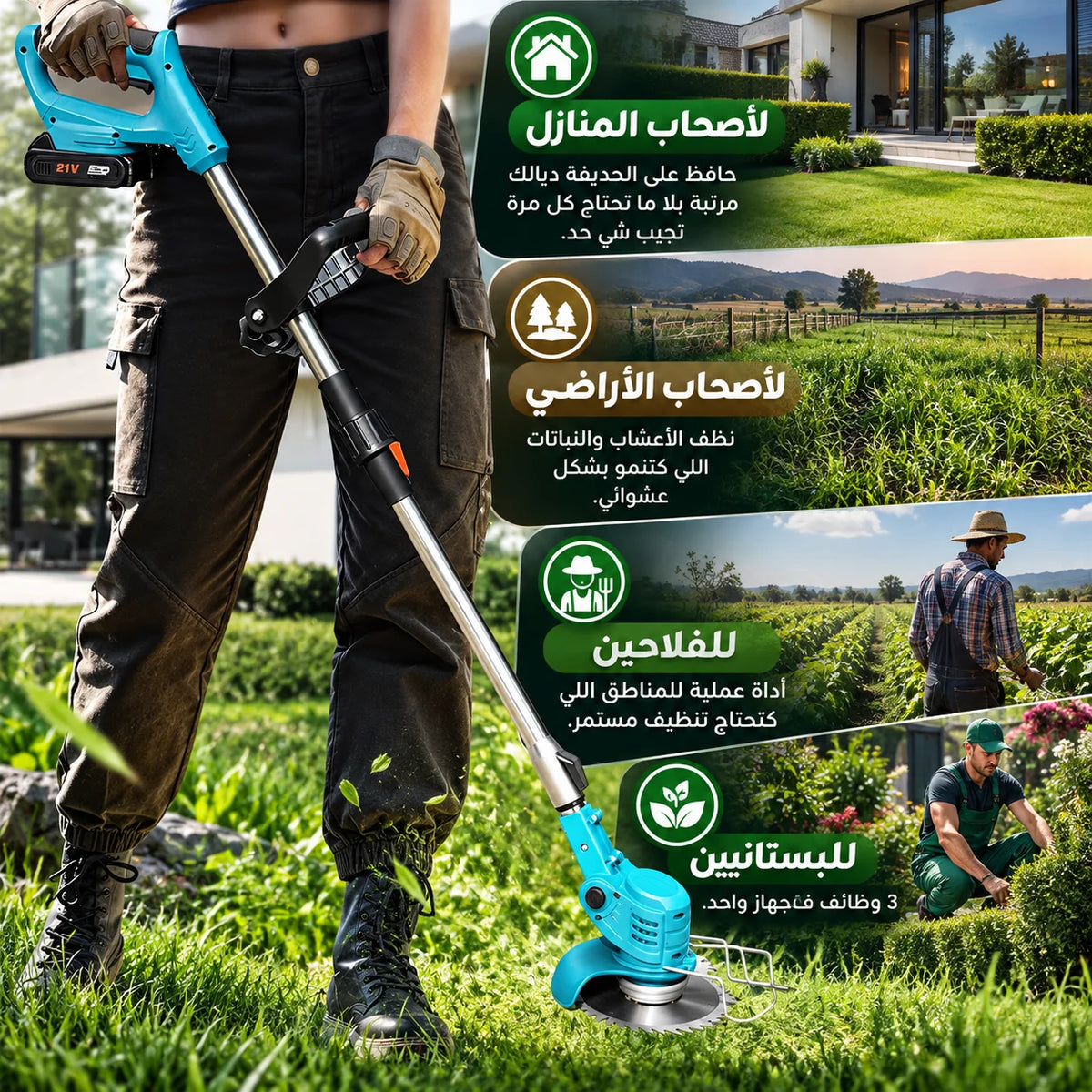 جزازة عشب كهربائية قوية التحمل مع بطاريتين