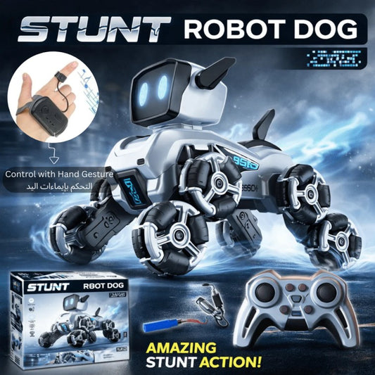 Remote-Controlled Acrobatic Robot Dog - كلب آلي بهلواني يُتحكم به عن بُعد وساعة - كلب رش يعمل بالتحكم عن بُعد مع نظام دفع ثماني العجلات